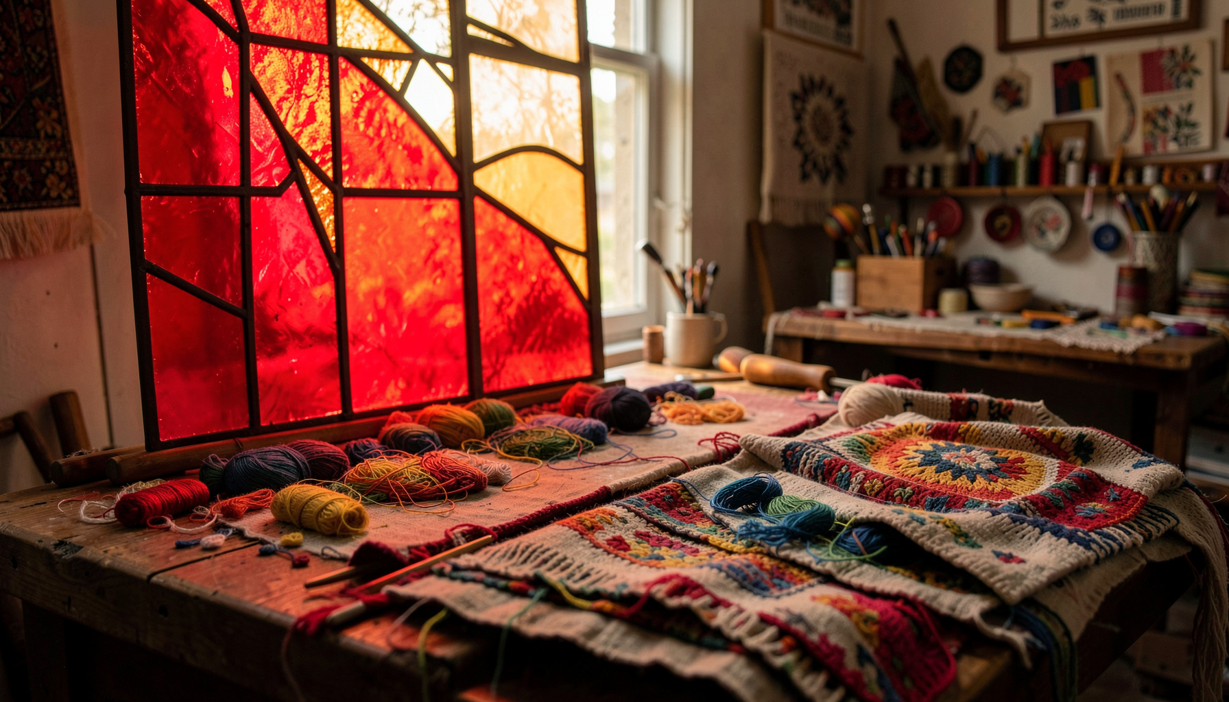Intérieur d'atelier de broderie baigné d'une lumière douce et chaleureuse, fils colorés et étoffes traditionnelles disposés sur une table de travail