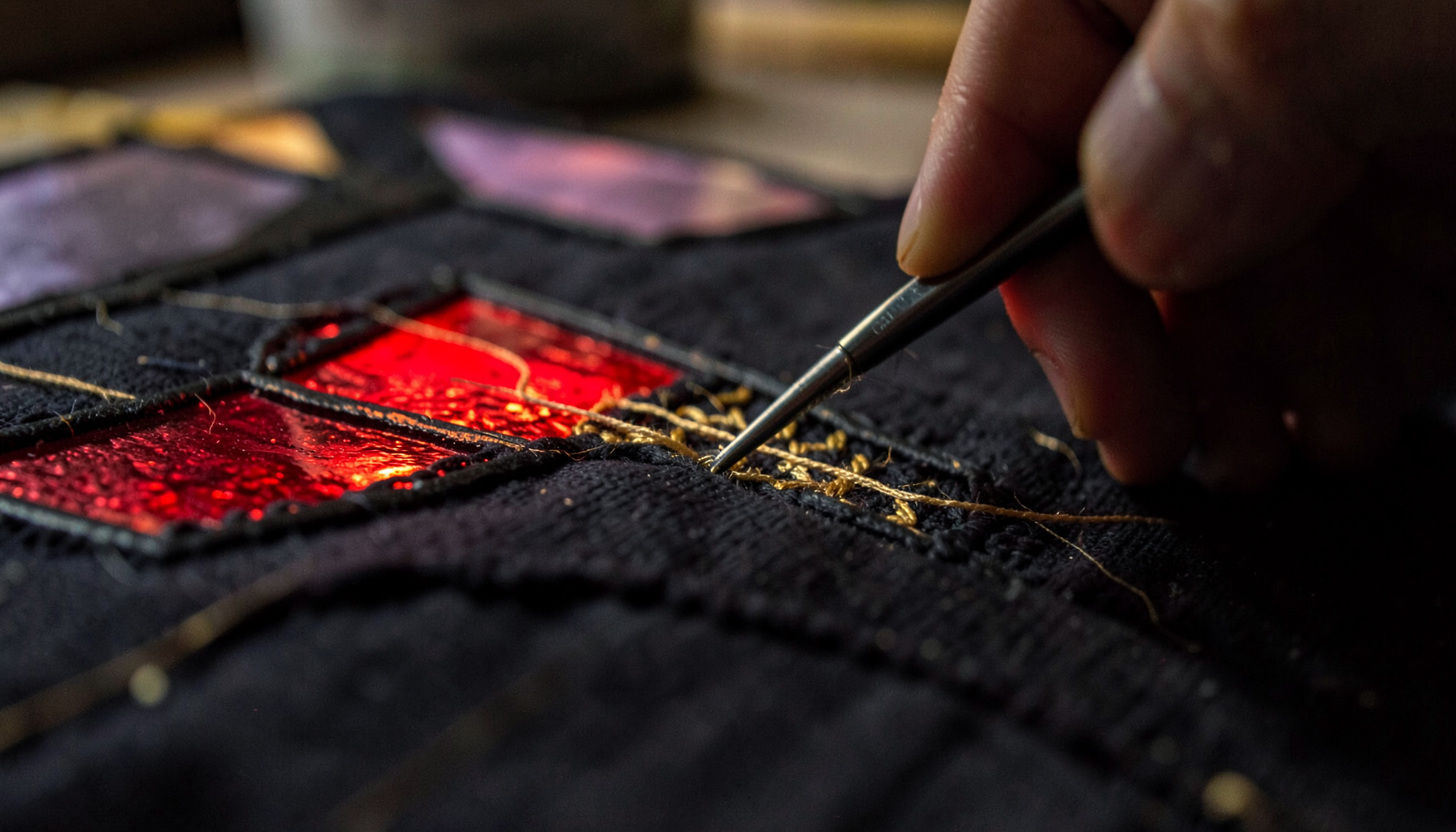 Gros plan sur une broderie en cours de réalisation, aiguille et fil doré traversant un tissu sombre dans une ambiance tamisée d'atelier